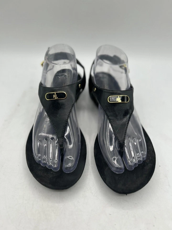 Sandalia tanga Lauren Ralph Lauren para mujer talla 8B negra punta abierta hebilla cuero Foto 2 de 4