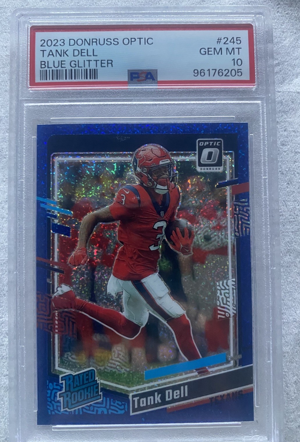 2023 Donruss Optic Tank Dell #245 Blue Glitter Holo Prizm Rated Rookie PSA 10