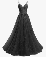 Beautiful Tulle V-neck Sparkly Long Black Prom Dress