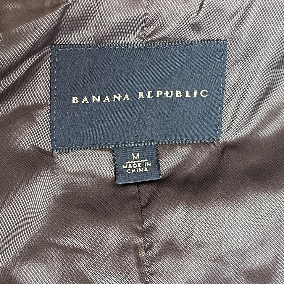 Banana Republic Coat Mens Medium Khaki Leather Trim Button Zip Lined Topcoat - Image 4 of 4