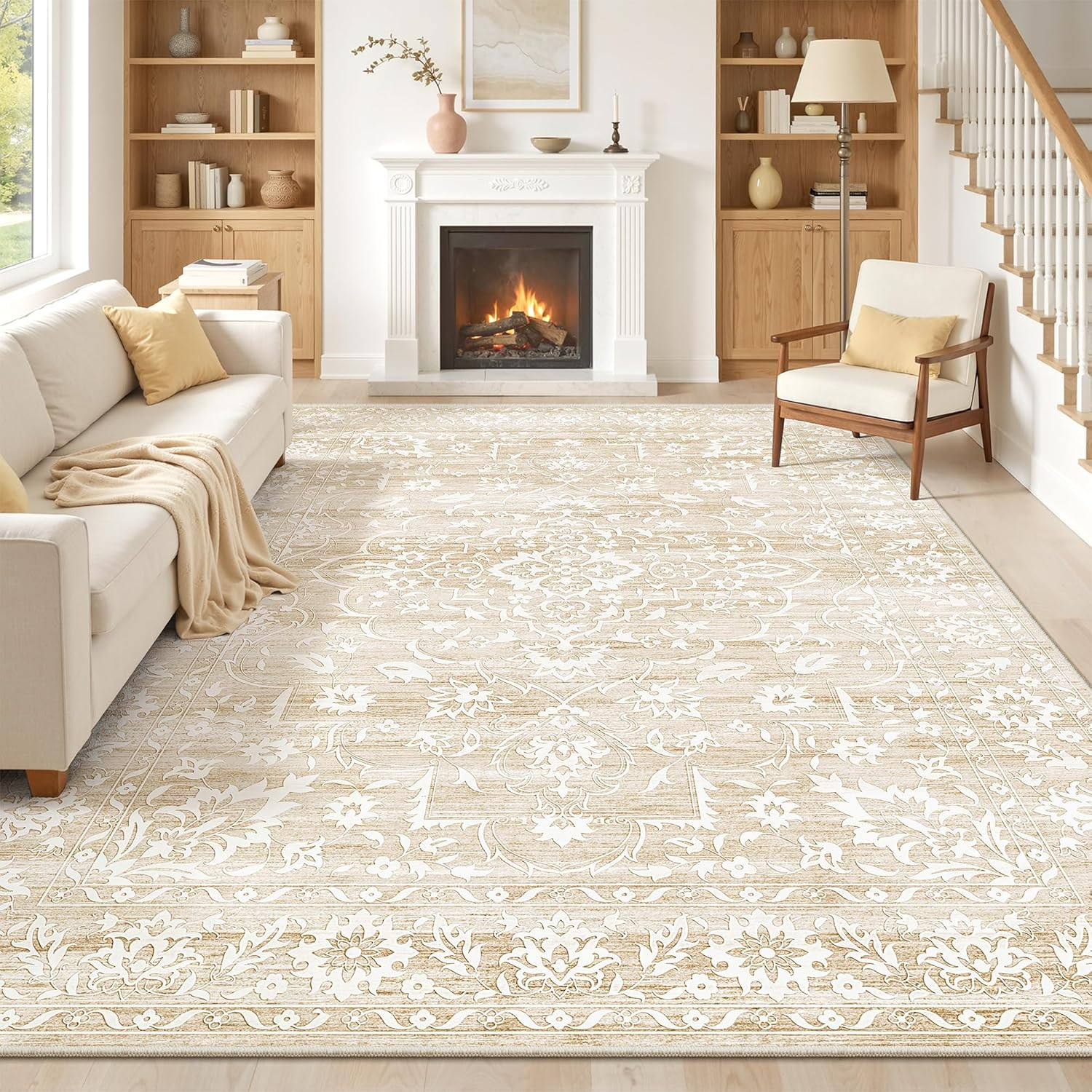 8X10 Washable Area Rugs for Living Room, Vintage Floral Non-Slip Low Pile Neutra