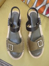 New M&S Black Olive Espadrille Platform Leather Sandals UK Size 7 Holiday 
