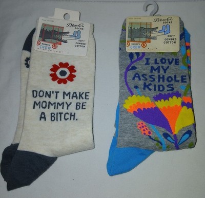 Blue Q Women's Funny Crew Socks 2 Pair Size 5-10 Sarcastic B!tchy Mom Quotes 
