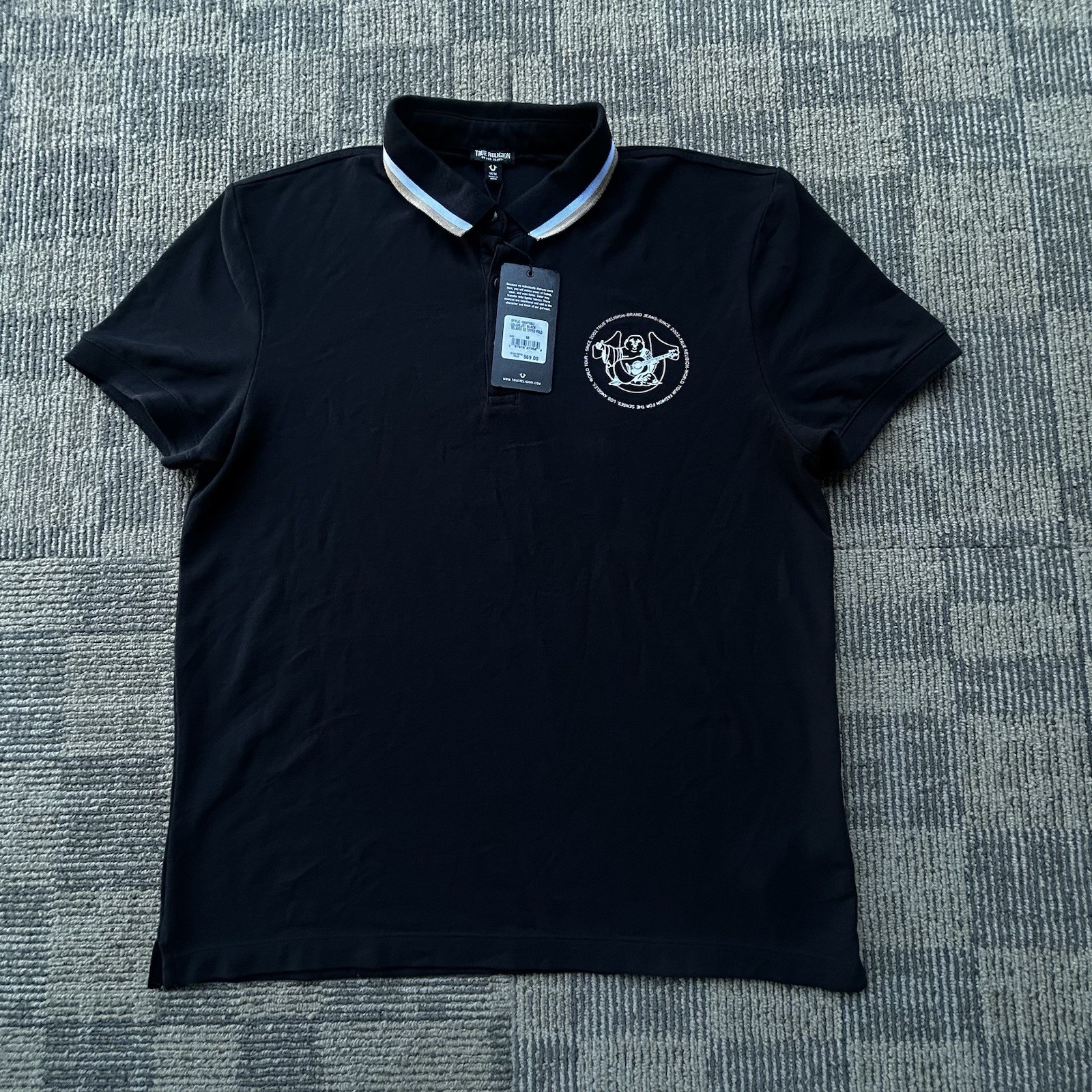 True Religion Tan/Black Buddha Graphic Polo Shirt Mens Size Medium NWT