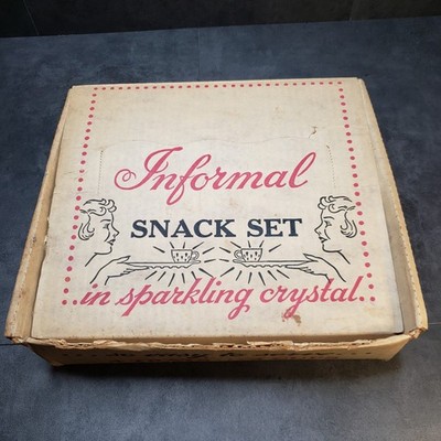 Hazel-Atlas Glass Informal Snack Set Crystal 4 Glasses and 4 Trays Original Box