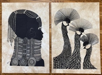 VTG Heidi Lange East African Batik Prints Malindi Girl Crowned Cranes Framed 2pc