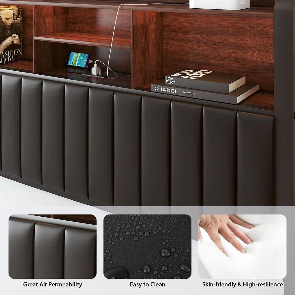 Marco de cama con cabecero de almacenamiento de 3 niveles, con luces LED, estación de carga. Foto 3 de 4