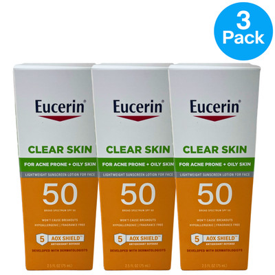 Eucerin Clear Skin SPF 50 Face Sunscreen Lotion 2.5 oz 3 Pack New Exp 12/2026