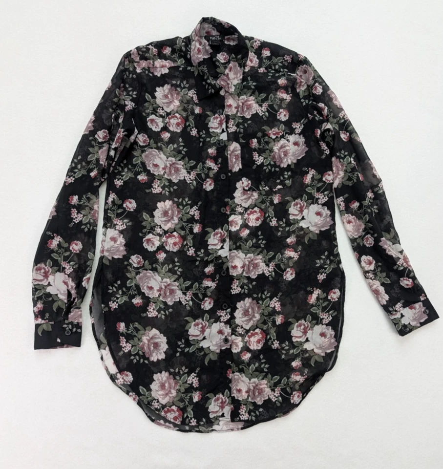 Rue21 Women's Top Size M Sheer Black Floral Print Button-Up Shirt - Image 2 of 4