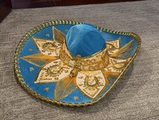 Salazar Yepez Blue Velvet Sombrero Mexican Mariachi Hat Gold Horseshoes Adult