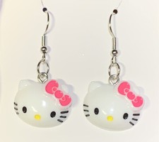 Silver Hello Kitty Pink Bow Drop Dangle Earrings 
