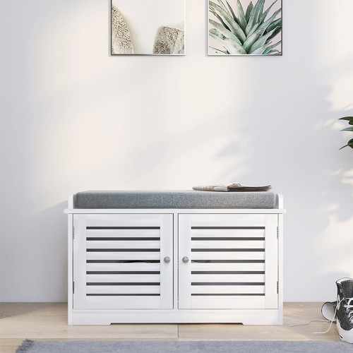 Shoe Storage Bench with Cushion Seat Entryway Organizer with Barn Doors White
