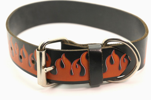 Leather Flame Dog Collar Large dog Motorcycle 21.5" total girth neck.