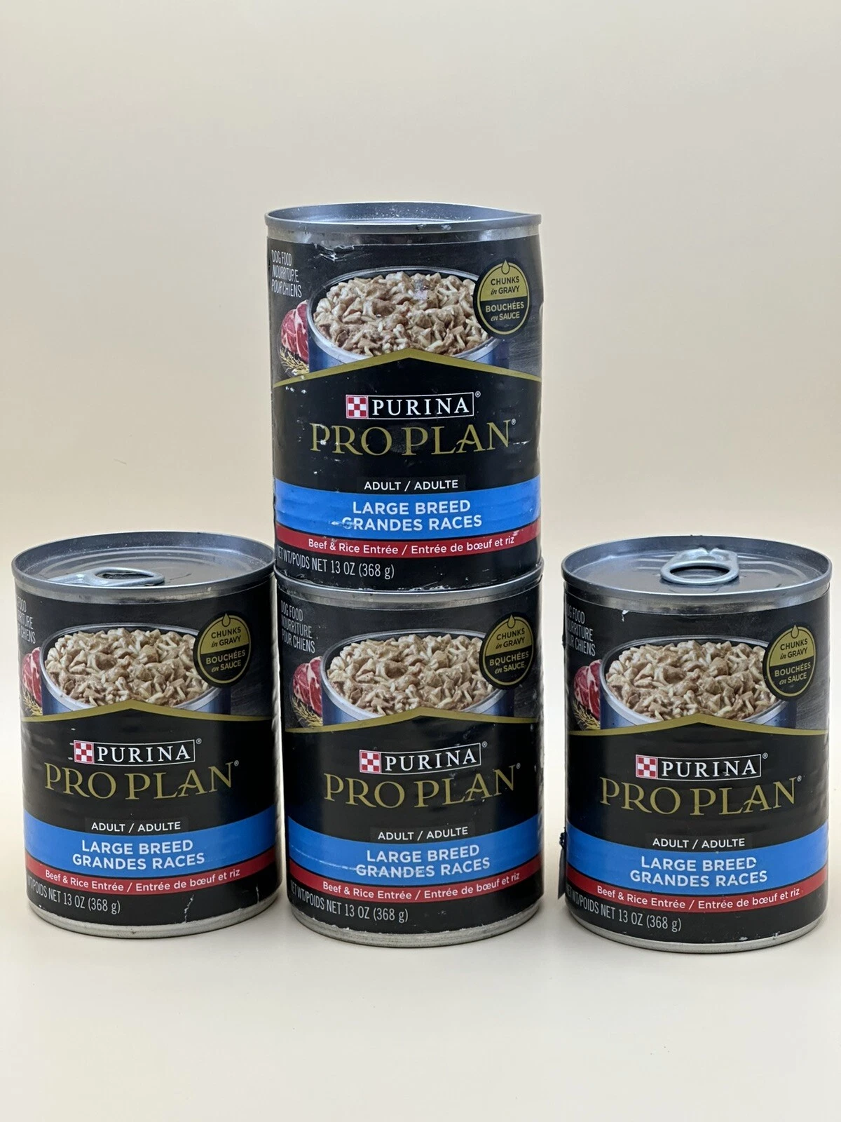 Pro Plan Chicken & Rice Chunks in Gravy Large Breed Dog 13 oz 4 Cans “ See Photo
