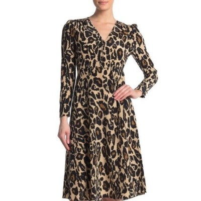 DVF Diane von Furstenberg Viviana Leopard Cat Sand silk dress midi brown new 0