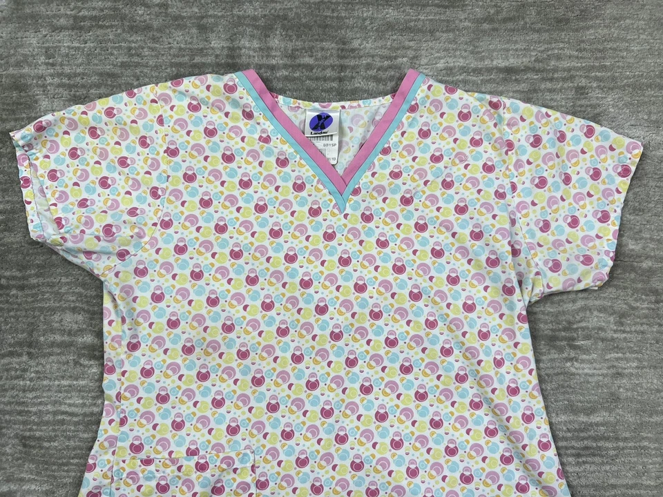 Landau Scrub Top Womens 11/13 White Pink Yellow Shortsleeve Circles - Image 2 of 4