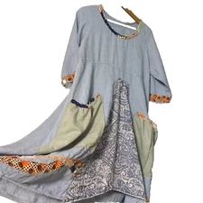 Upcycled Linen Tunic Dress S Lagenlook Artsy Festival Art To Wear Big Pockets