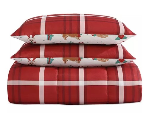 New Hallmart Collectibles 3 Pc Comforter Set Holiday Dogs Red Plaid Full/Queen - Picture 3 of 5