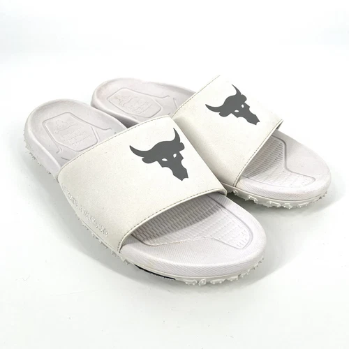 Under Armour Project Rock Slides Sandals Mens Size 13 White Logo Accent