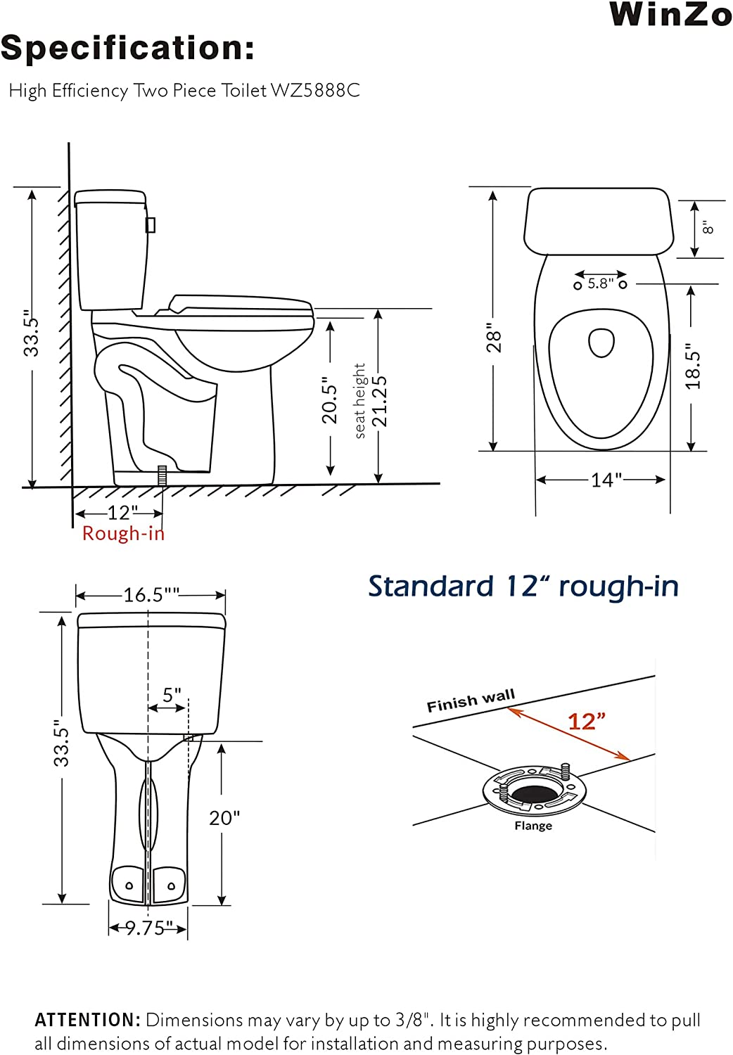 WZ5888C Extra Taller Two Piece Toilet Elongated Bowl with 21.25" Seat
