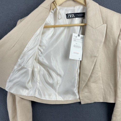 ZARA Linen Blazer Womes Size XS Beige Cropped Long Sleeve Lapel Suit Jacket BNWT - Picture 9 of 10