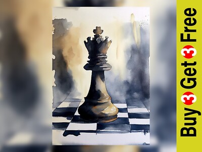 Königin Schachfigur, Druck Aquarellmalerei, Sport Kunstdruck, Wandbild A4
