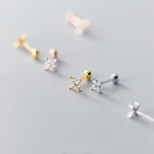 Tiny Flower Sterling Silver Stud CZ Helix Tragus Screw Back Earrings A4028
