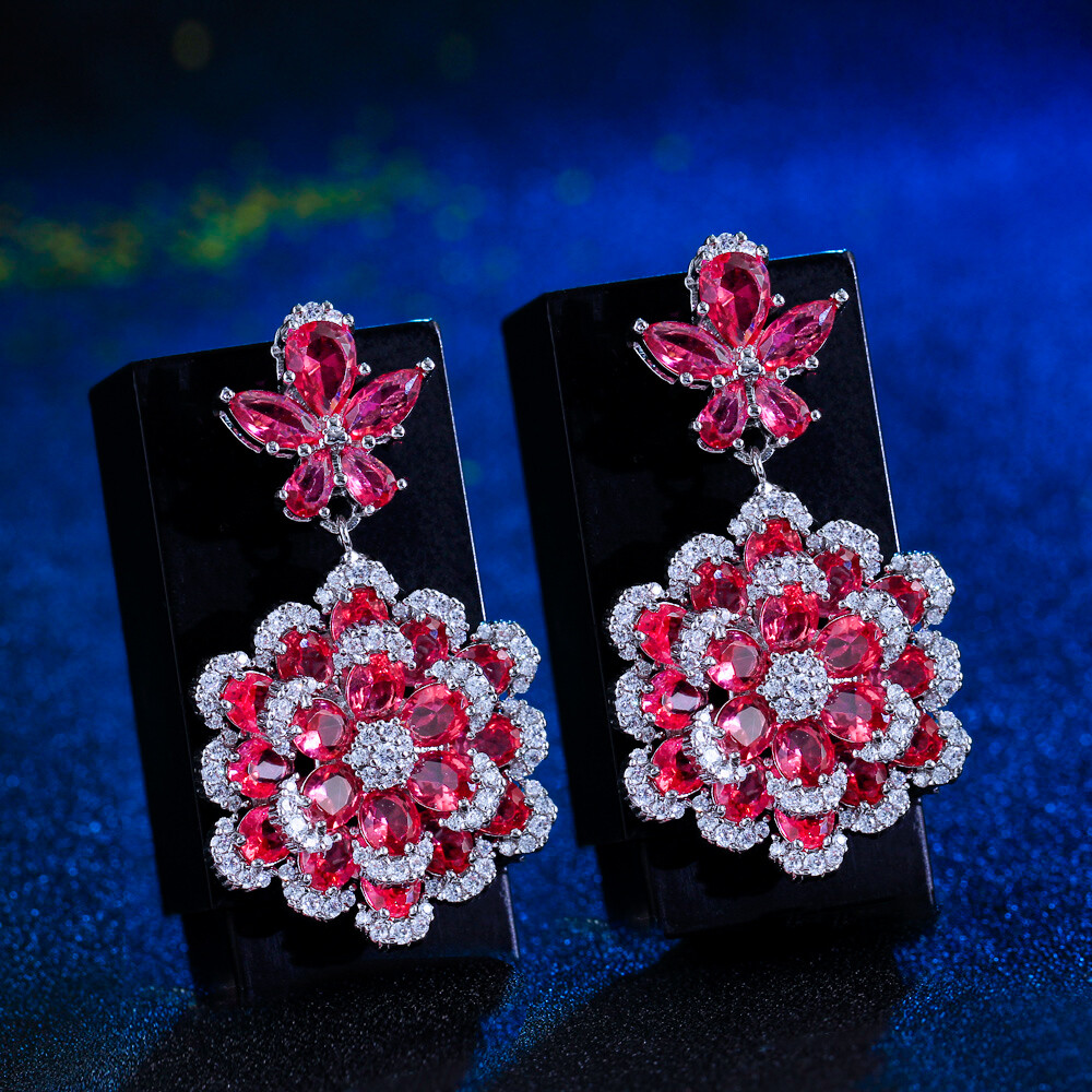 Rose Red Crystal Leaf Flower Dangle Drop Earrings Silver Plated CZ