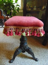 antique PIANO VANITY STOOL wood metal w/fringed cushion seat 19" tall