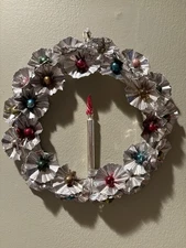 Vintage Aluminum Christmas Wreath Silver w/ Tin Flowers Beads & Mercury Candle