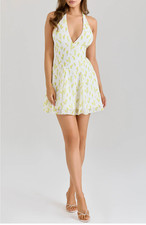 house of cb Iris Floral Halter Minidress | size XS | white and yellow prints