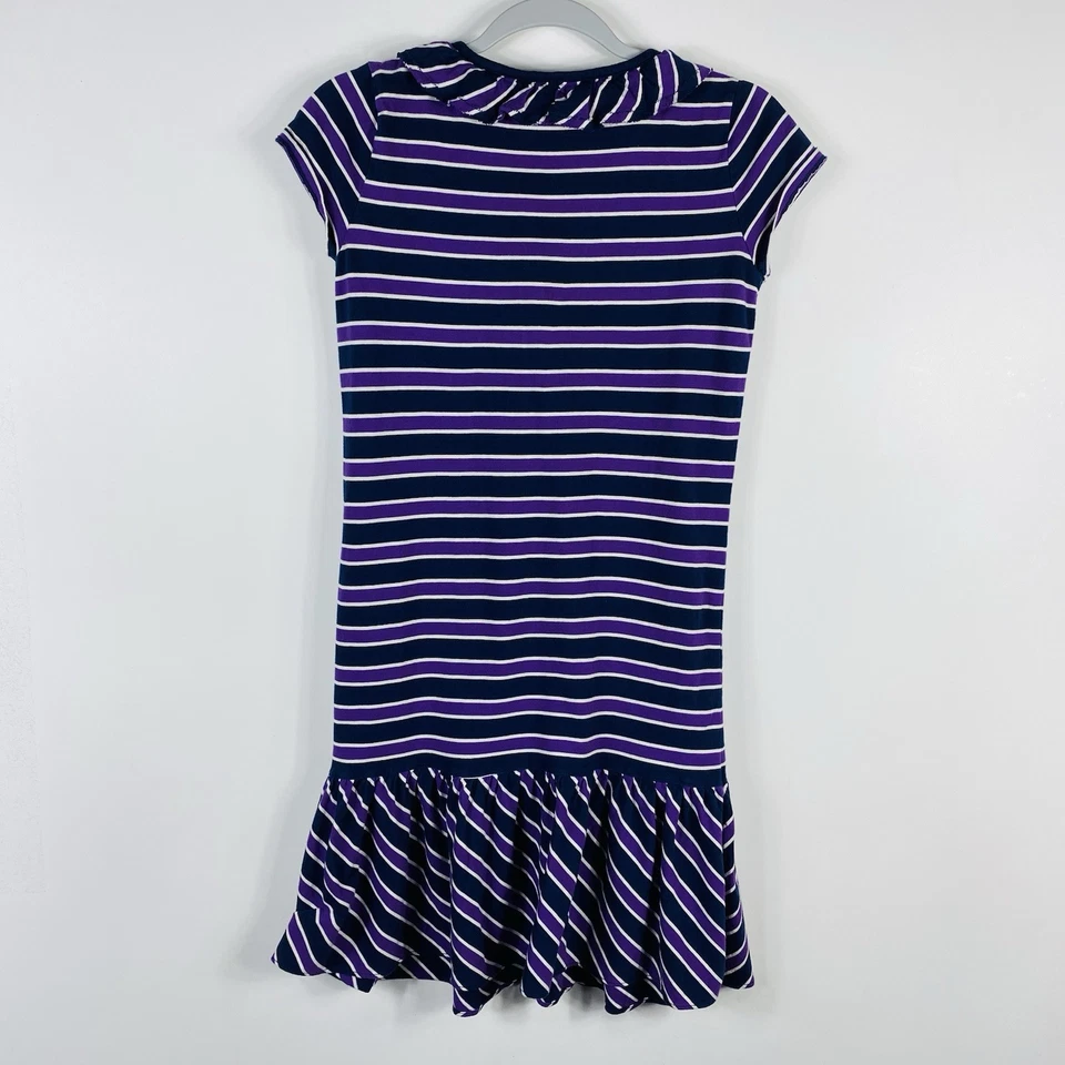 Ralph Lauren Size XL 16 Striped Ruffle Neck Cap Sleeve Dress Purple Navy Blue - Image 2 of 4