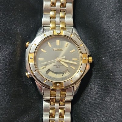 Seiko Sports 100 Analog-Digital Quartz 100m Two-Tone SS Bracelet Gray Dial