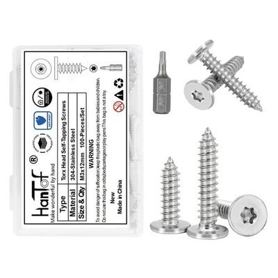 100 PCS M3x12mm Torx Flat Head SelfTapping Sheet Metal Screws 304 Stainless