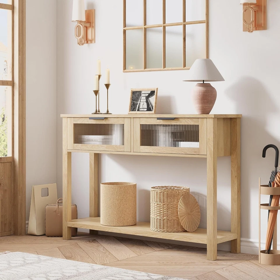 Tavolo Consolle da Ingresso per Corridoio in Stile Industriale con 2 Cassetti - Immagine 2 di 4