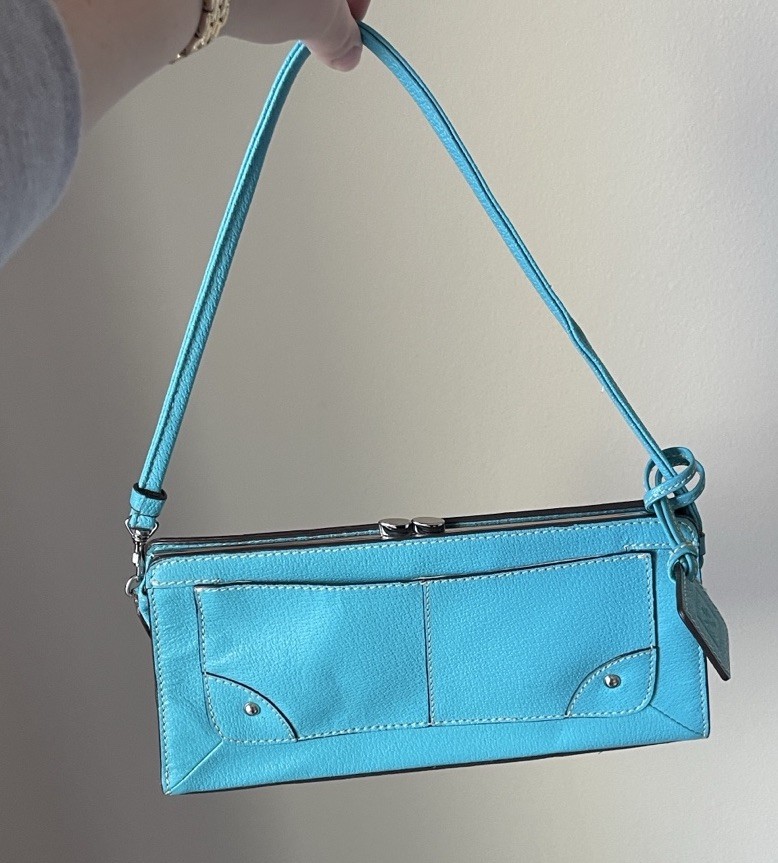 Vintage Y2K Genuine Leather Anne Klein Shoulder Bag Purse Aqua