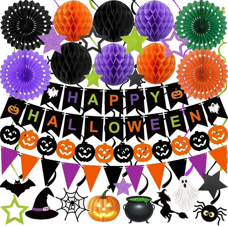 Halloween Party Decorations Happy Halloween Banner Honeycomb Balls ...