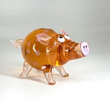 FF Murano Style Art Glass Pig Figurine Amber Clear Handcrafted Animal Decor