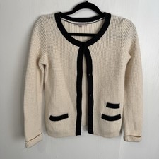 Ivory Black Waffle-Knit Crew Neck Long Sleeve Button Front Cardigan Sweater