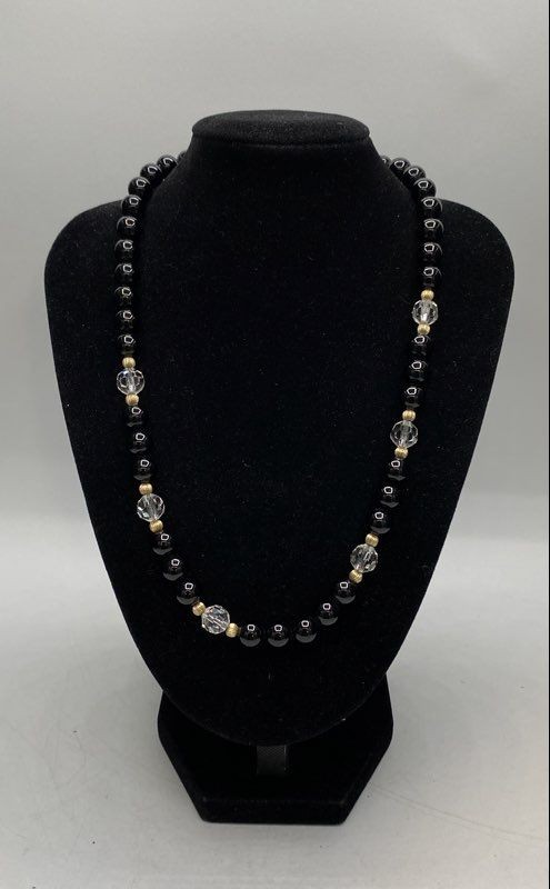 14k Yellow Gold Filled Onyx Beaded & Clear Crystal Necklace 36.3 g