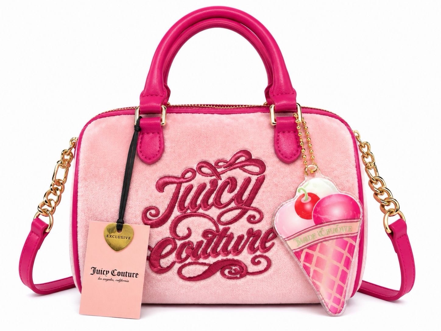 Juicy Couture Satchel Top Handle Crossbody Strap Pink Logo Zip Charm Gold
