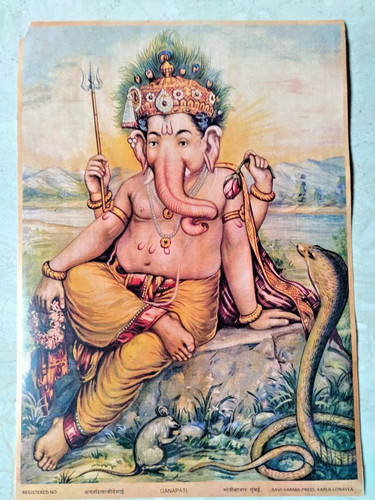 Vintage Ravi Varma Press Lithograph Print Hindu God Lord Ganpati Rare Colle