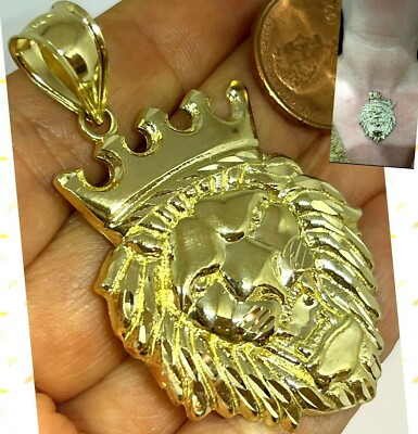 GoLD Lion crown king Leo 10k pendant Yellow Diamond Cut necklace charm 2.25 