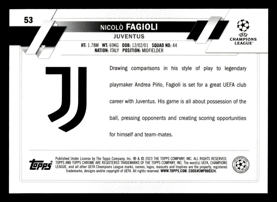2022-23 Topps Chrome Sapphire UEFA Nicolo Fagioli RC Rookie #53 - Image 2 of 2