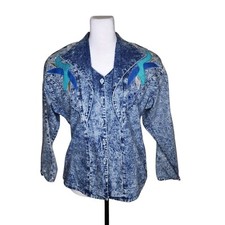 Vintage 80s Denim Jean Jacket Womens Size M Blue Embellished Acid Wash
