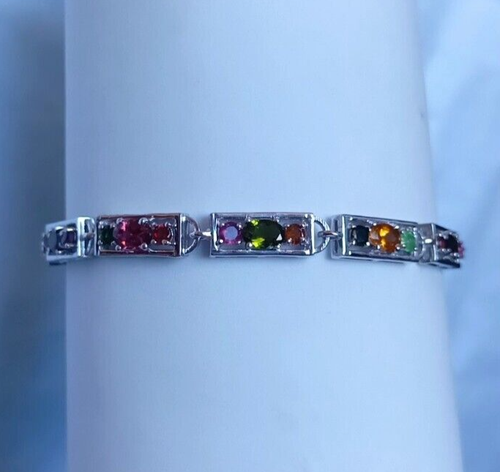 Pulsera rectangular de piedras preciosas ovaladas de turmalina de plata de ley 925 hecha a mano joyería - Imagen 13 de 14