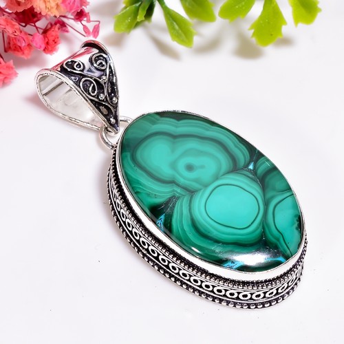 Chrysocolla Malachite Vintage Handmade 925 Sterling Silver Pendant 2.3" GSR-4539