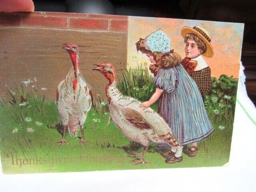 Antique Early 1900’s Thanksgiving Postcard Children Turkeys Embossed Gilt Posted - Picture 2 of 7