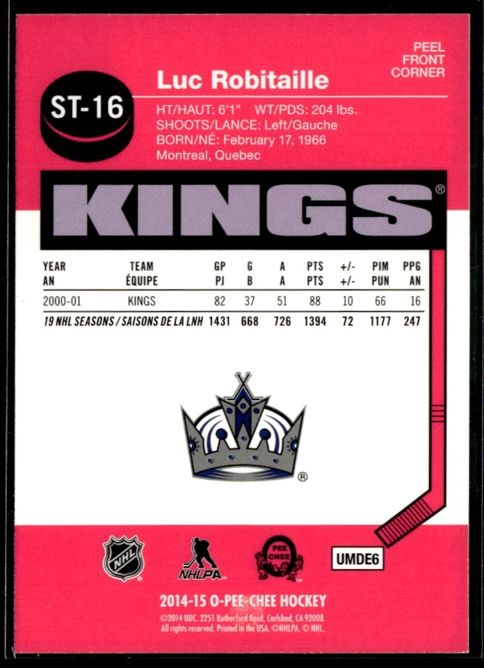 2014-15 O-Pee-Chee Stickers Luc Robitaille #ST-16 - Image 2 of 2