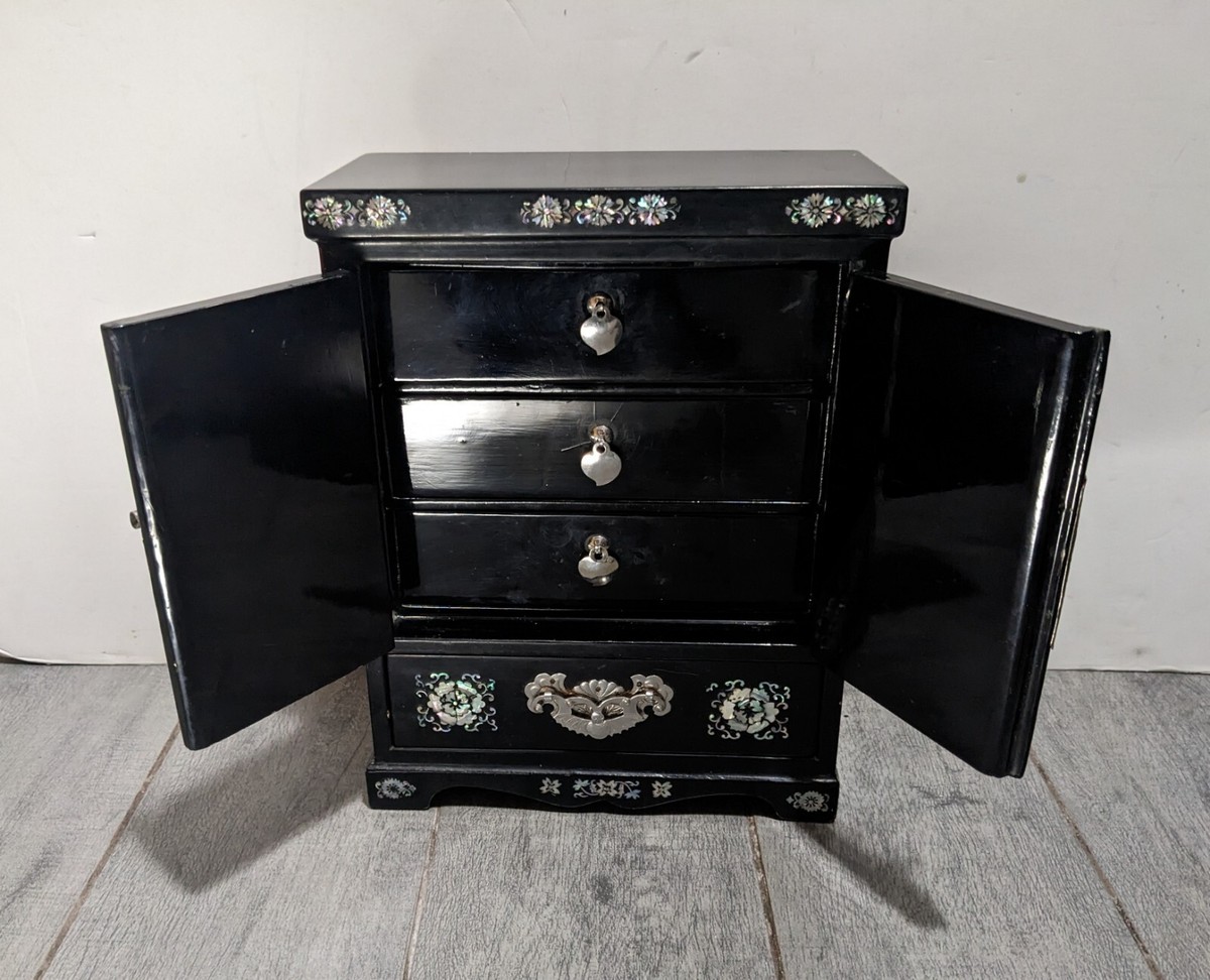Vintage Asian Oriental Black Lacquer Mother of Pearl Jewelry Box